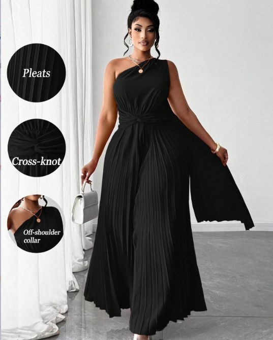 Curvy Women Solid Pleated Asymmetric One Shoulder Jumpsuit, Chic Spring Summer Wedding Party Outfit_ecoleips.com