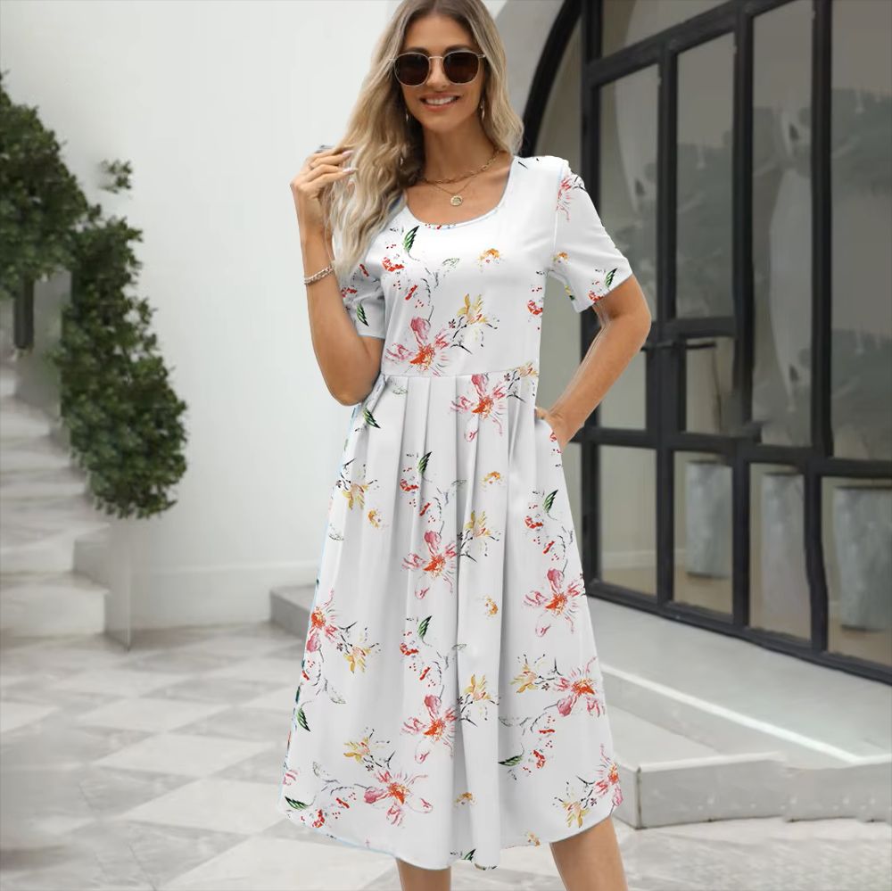 2024 Europe And The United States Summer New Women's Fashion Elegant Printed Round Neck Short Sleeve Zipper Dress_ecoleips.com