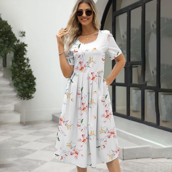 2024 Europe And The United States Summer New Women's Fashion Elegant Printed Round Neck Short Sleeve Zipper Dress_ecoleips.com