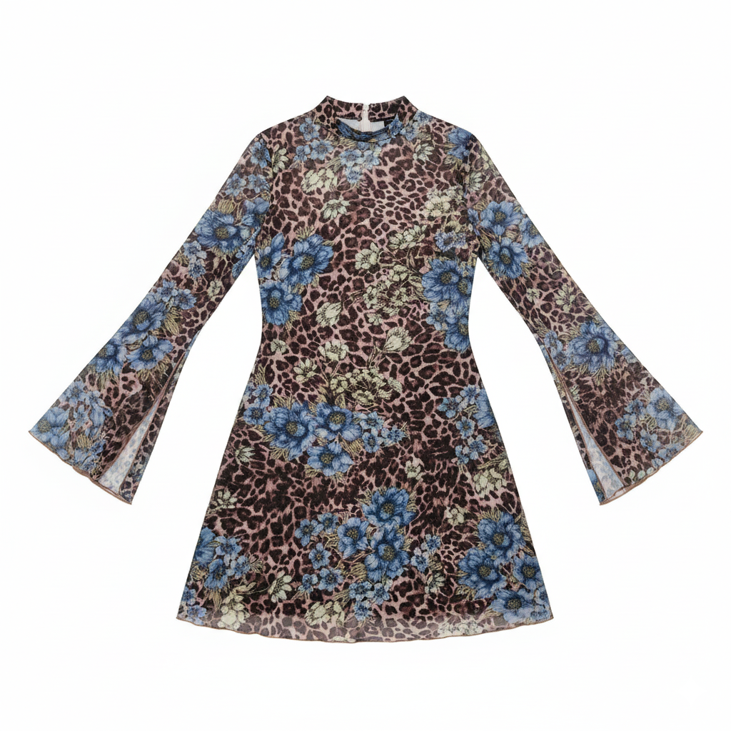 Freeacy Women's Spring Summer Thin Dress Floral Printed Round Neck Flare Sleeves Slim Fit Mini Dress Stylish Party Dresses_ecoleips.com