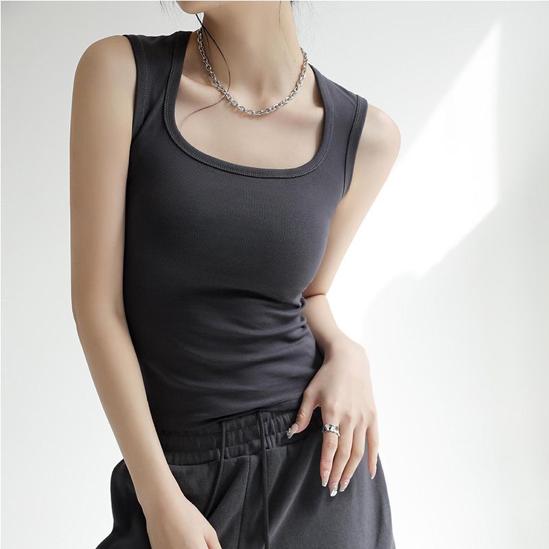 Women Solid U Neck Ribbed Tank Top Camisole Women Summer Basic Elastic Tank Top U Neck Solid Tank Top_ecoleips.com