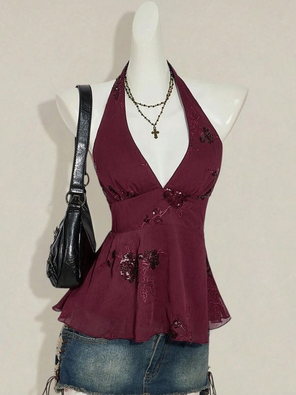's Best-selling American Retro-style Beaded Halter Top With Deep V-neck Design, Sequin Embellishments, And_ecoleips.com