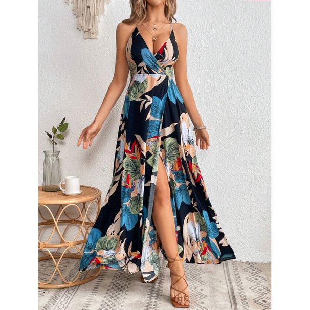 In Stock Foreign Trade Cross-Border Hot Selling European And American Tropical Print Thigh Split Strap Dress_ecoleips.com