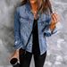 Vintage Washed Denim Jacket For Women – Non-Stretch Distressed V-Neck Long Sleeve Coat (S-2XL, Dark/Light Blue)_ecoleips.com