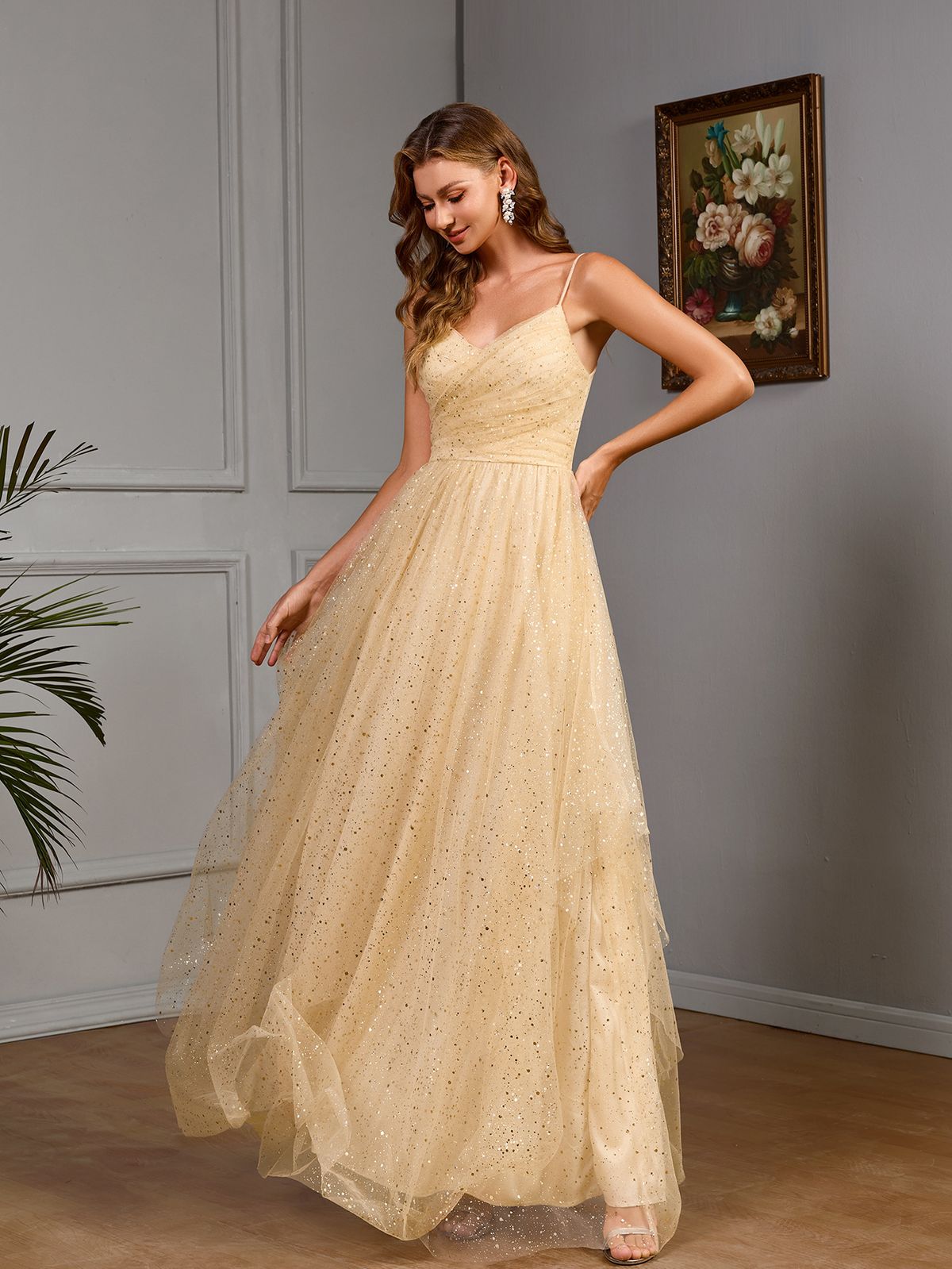Elegant Sweet & Sexy Strapless Glitter Dress - Layered Bodycon Midi Dress With V-Neck & Waist Cinching - Champagne_ecoleips.com