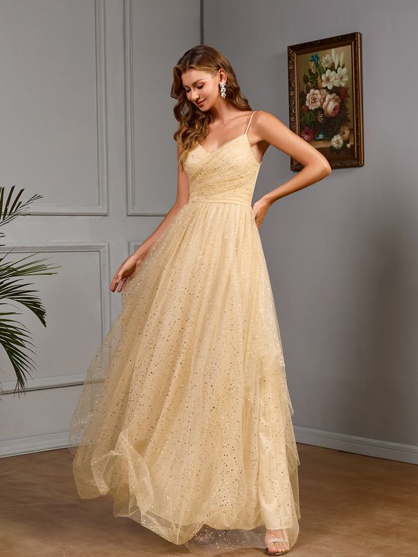 Elegant Sweet & Sexy Strapless Glitter Dress - Layered Bodycon Midi Dress With V-Neck & Waist Cinching - Champagne_ecoleips.com