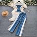 Retro Patchwork Denim Set for Women Short Sleeved Hong Kong Style Summer Casual Straight Leg Pants Two Piece Slimming Outfit_ecoleips.com
