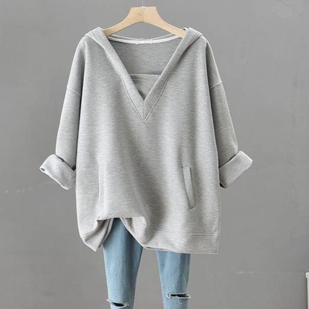 Women's Clothing Fat Mm Autumn And Winter Two Piece Sweater Long Sleeved Large Size Women's Clothing Hooded Splicing Mid Length V Neck Top_ecoleips.com