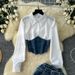 Women’s Clothing Goddess Style Fashion Splicing Two Piece Long Sleeved Shirt Women's Belt Waist Denim Skirt Two Piece Suit_ecoleips.com