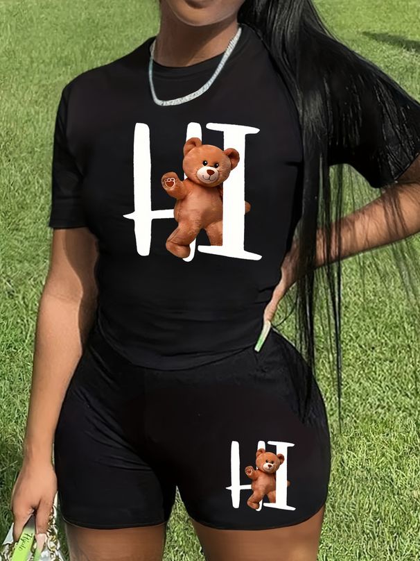 Summer Women's Casual And Fashionable Teddy Bear Print Loose T-shirt+shorts Two-piece Sportswear Suitable For Daily Wear-44_ecoleips.com