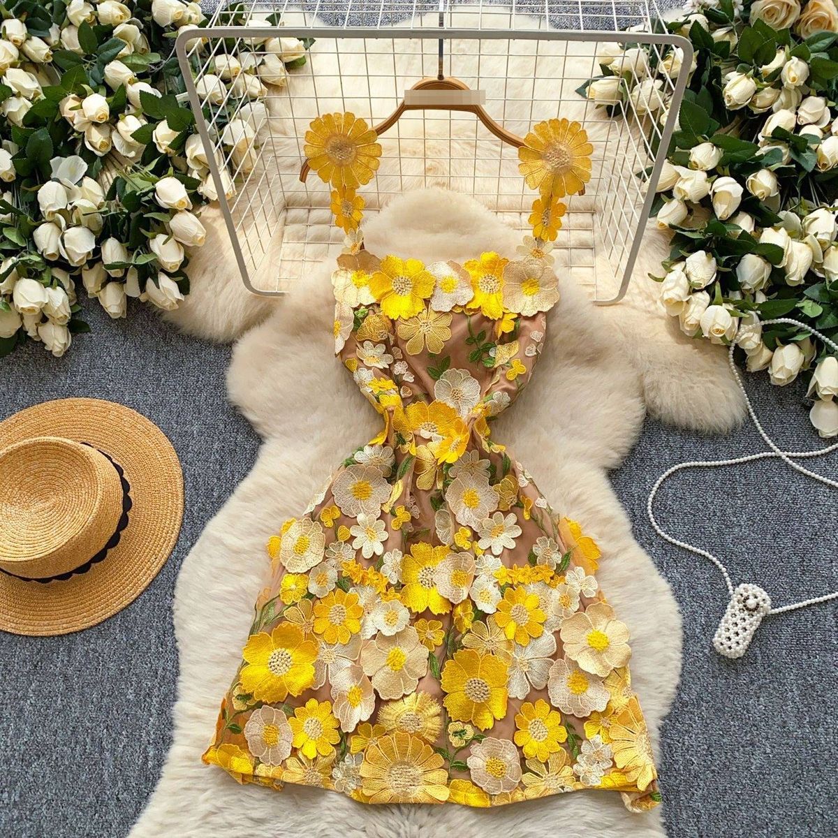 French Style Three Dimensional Floral Mesh Embroidery Dress Skirt Niche Design Fitted Waist A Line Export Quality Women's Clothing_ecoleips.com