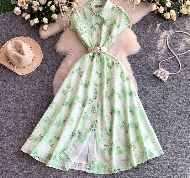 Youthful French Style Embroidered Print Dress With Raglan Sleeves Button Down Waist Cinching Long Light Luxury Summer Dress_ecoleips.com