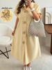 Curvy Short Sleeve Maxi Dress, Woven Fabric Starfish Buttons Irregular Hem Beach Dress_ecoleips.com