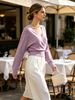 Lilac Lavender Deep V Wrap Pit Rib Knit Sweater, Loose Lightweight Breathable Soft Skin-touch Long Sleeve Slim Waist Pullover_ecoleips.com
