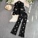 A Light Hearted Female Professional Commuter Wear Two Piece Suit With Diamond Flowers And Waist Hugging Versatile Suit Jacket + High Waisted Trousers_ecoleips.com