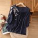 Artistic Retro Ethnic Style Cotton And Linen Embroidered Half-Sleeve Mid-Sleeve Top Summer Short-Sleeved V-Neck T-Shirt_ecoleips.com