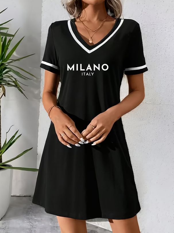 European And American Cross-border Women's Summer Elegant Black V-neck Casual Short-sleeve Letter Dress Q31 Print_ecoleips.com