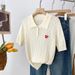 Women's Polo Knit Short Sleeve Top Casual Crewneck Shirt Silk Wool Blend Embroidered Heart Design for Spring And Fall_ecoleips.com