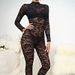 K European And American Style New Sexy Hot Girl Black Lace Hollow Out Perspective Long Sleeved Temperament Slim Fitting Jumpsuit. No Accessories_ecoleips.com