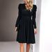 Autumn Winter Women Elegant Solid Color V Neck Long Sleeve Casual Midi Dress_ecoleips.com