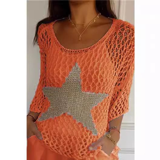 Women's Clothing Five Star Round Neck Sweater Female Commuting Elegant Three Quarter Sleeve Top Air Conditioning Shirt_ecoleips.com