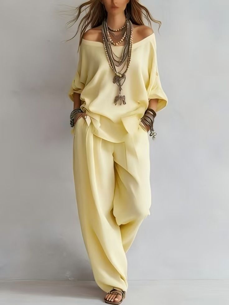 Women's Off-Shoulder Wide Leg Pants Set Cotton Linen Loose Fit Two-Piece Outfit For Casual Occasions_ecoleips.com