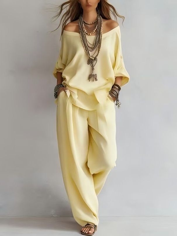 Women's Off-Shoulder Wide Leg Pants Set Cotton Linen Loose Fit Two-Piece Outfit For Casual Occasions_ecoleips.com