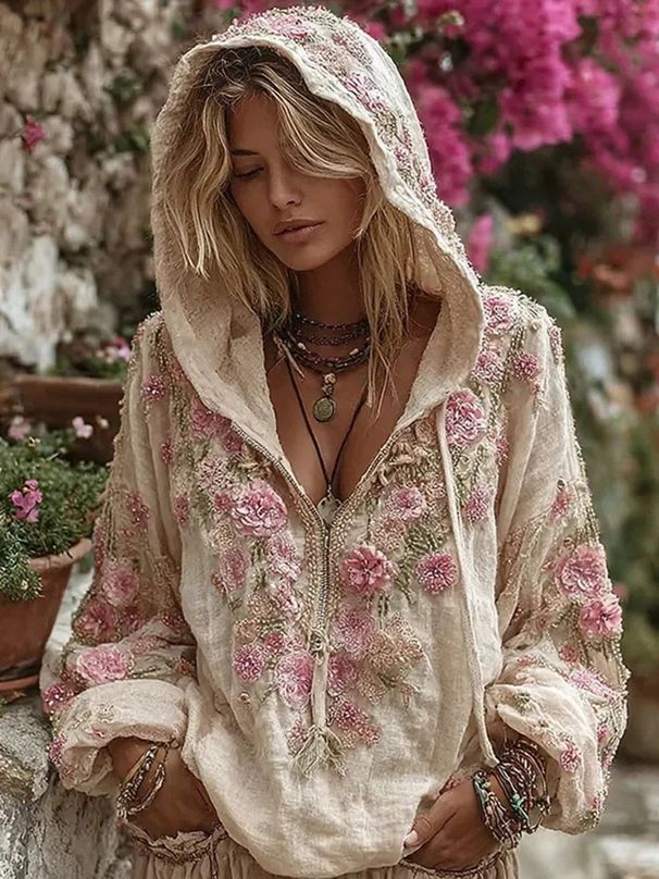 Unisex Hooded Sweatshirt With Cherry Blossom Art Print - Asian Fusion Streetwear (S-5xl) Loose Fit Cotton Linen Blend For Fall/Winter_ecoleips.com