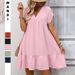 Women's V-Neck Ruffle Hem Flowy Summer Dress - Solid Color Vacation Beach Dress_ecoleips.com