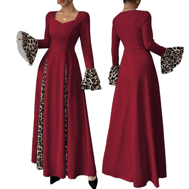 Women's Clothing Flared Sleeve Leopard Print Contrast Long Elegant Slim Dress_ecoleips.com