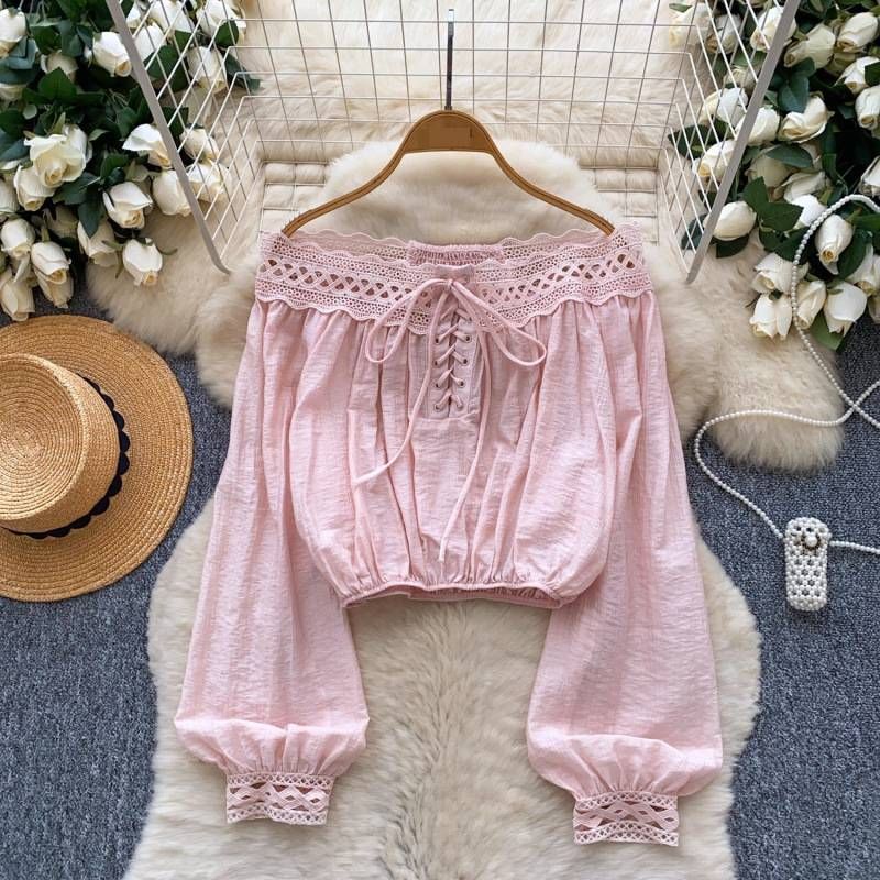 Women's Clothing Women's Off-Shoulder Long Sleeve Blouse Trendy Stylish Top With Tie Waist Lace Trim Cropped Design For Autumn_ecoleips.com