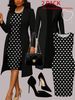 Plus Size Women's Elegant Two Piece Set - Solid Color Blazer & Color Block Dress Polka Dot Detailing England Style Fashion_ecoleips.com