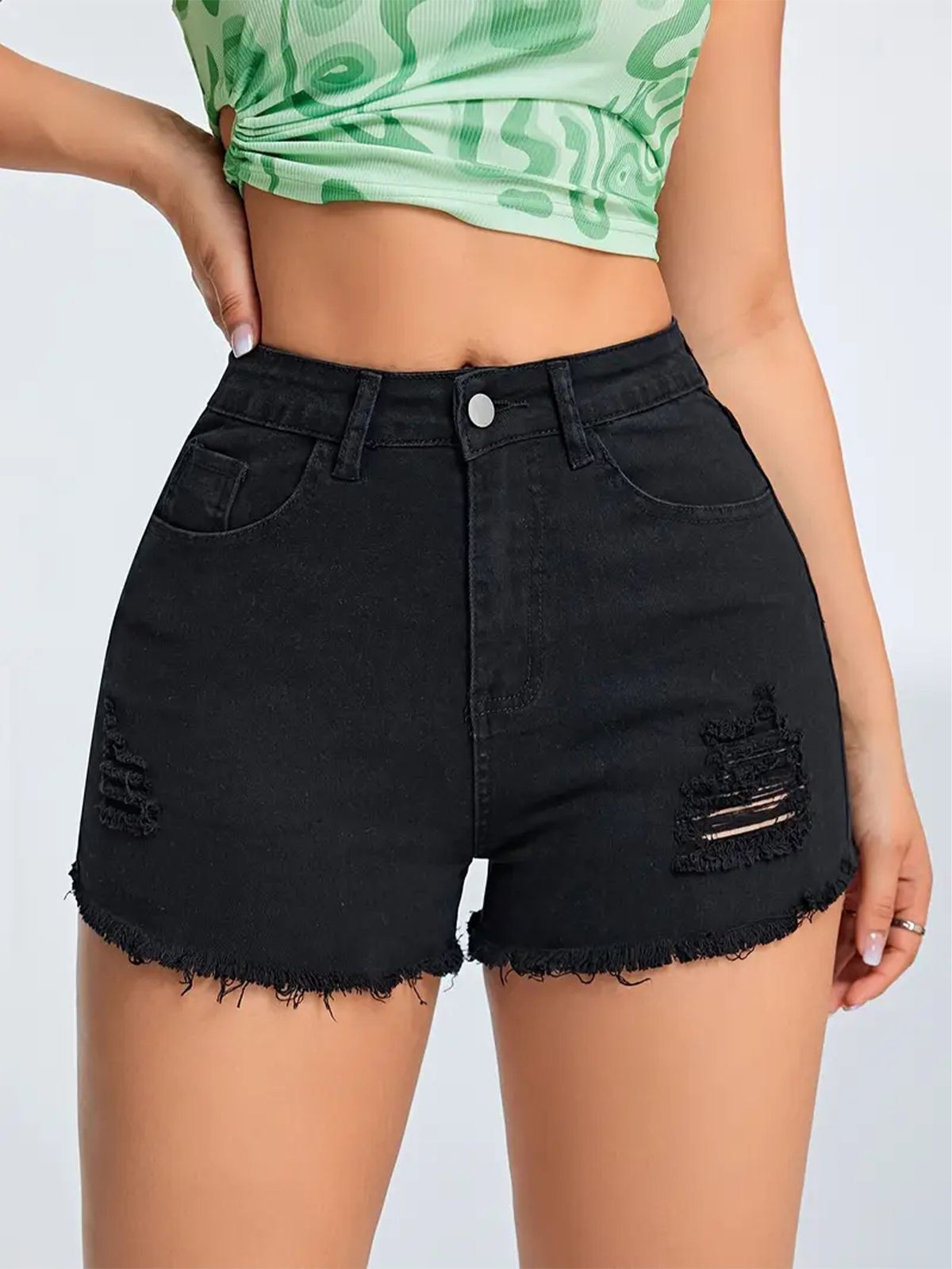 Distressed Black Denim Shorts For Women Casual Slim Fit Multi Craftsmanship Design_ecoleips.com