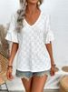 Women's Knitted Short-Sleeved Top Embroidered Hollow Out V Neck Ruffled Style For Spring Autumn_ecoleips.com