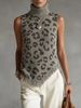 Women Soft Skin-Friendly Breathable Leopard Knit Tank Top Turtleneck Sleeveless Loose Fringe Hem Knit Vest_ecoleips.com