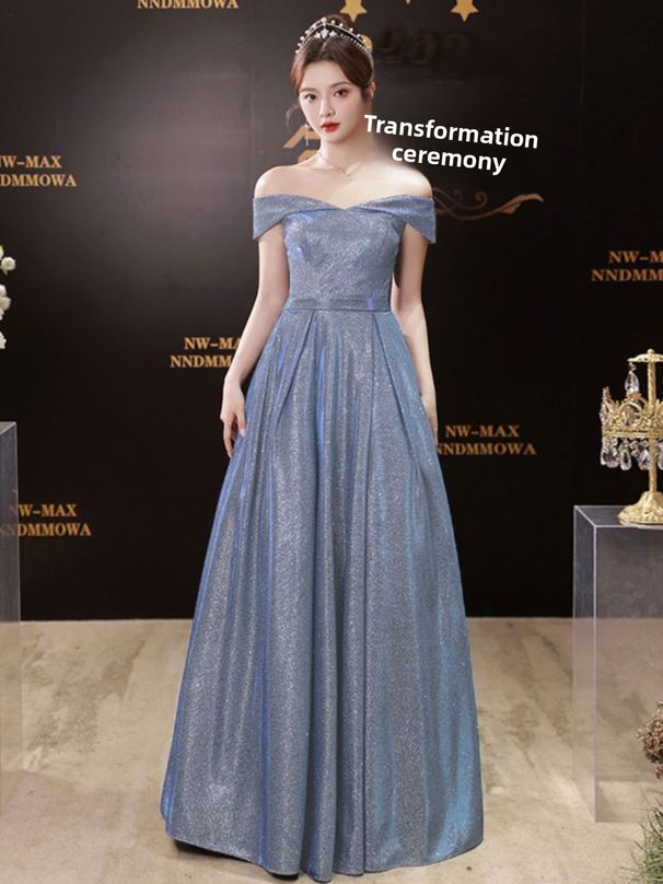 Shiny Evening Gown 2025 New Model, Off-the-shoulder, Light Luxury, Niche, Slim-fit, High-end, Elegant Host Dress For_ecoleips.com