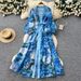 Women's Elegant V Neck Dress With Printed Lantern Sleeves Early Spring Long Sleeve Waist Tie A Line Long Skirt_ecoleips.com