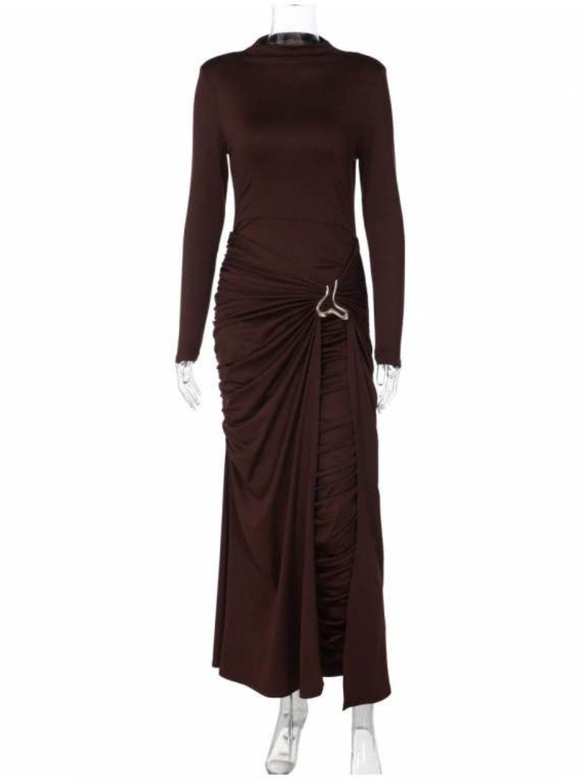 Elegant Temperament Women's Long Dress Solid Color Round Neck Long Sleeve Decorative Buckle Dress For Women_ecoleips.com