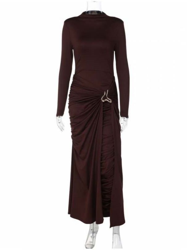 Elegant Temperament Women's Long Dress Solid Color Round Neck Long Sleeve Decorative Buckle Dress For Women_ecoleips.com
