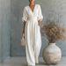 Elegant V-Neck Wide Leg Jumpsuit For Women, Tied Waist Sleeveless Romper - Spring Summer Casual And Office Wear_ecoleips.com