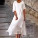 Women's Clothing Fashion Casual Double Layer Slit Short Sleeved Round Neck Dress_ecoleips.com