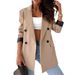 Women's Long Sleeve Double-Breasted Blazer Jacket - Elegant Office Wear, Loose Fit, Wrinkle-Free Polyester Blend, Khaki & Coffee_ecoleips.com