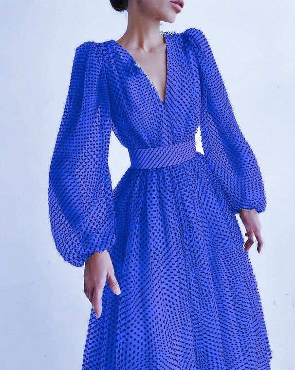 Women's Clothing Temperament Lady Puff Sleeve Polka Dot Swing Dress_ecoleips.com