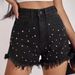 2024 Spring/Summer Amazon New European And American Women's Fashion Sexy Beaded Ultra-Short High-Waisted Raw Edge Denim_ecoleips.com
