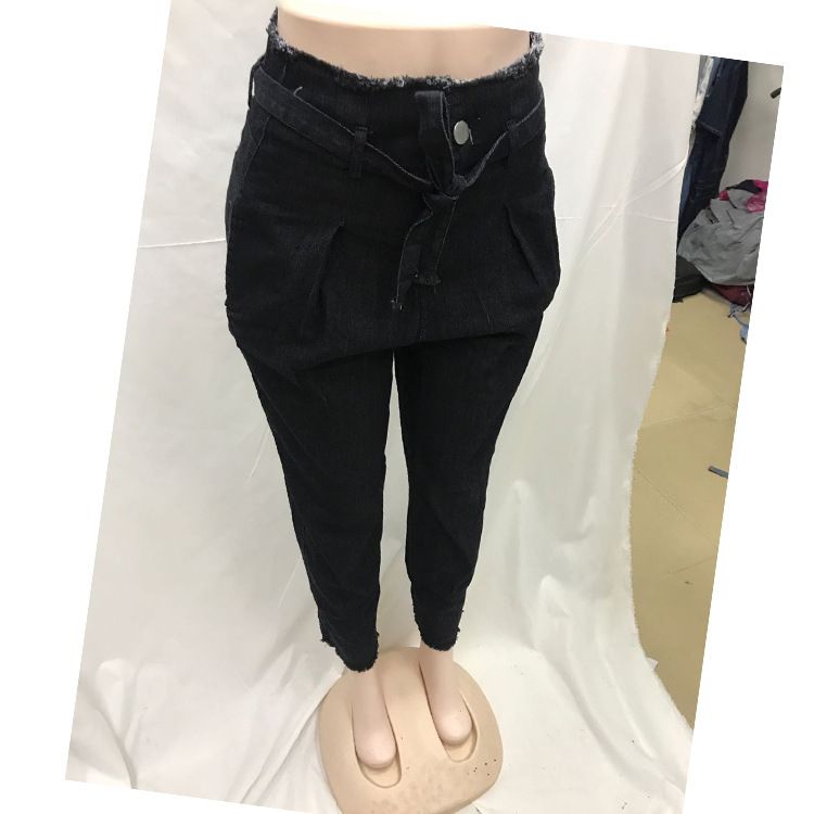 Women's Clothing Drawstring Elastic Waist Ripped Denim Trousers Casual Pants For Women_ecoleips.com