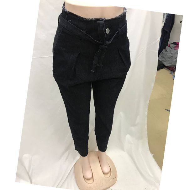 Women's Clothing Drawstring Elastic Waist Ripped Denim Trousers Casual Pants For Women_ecoleips.com