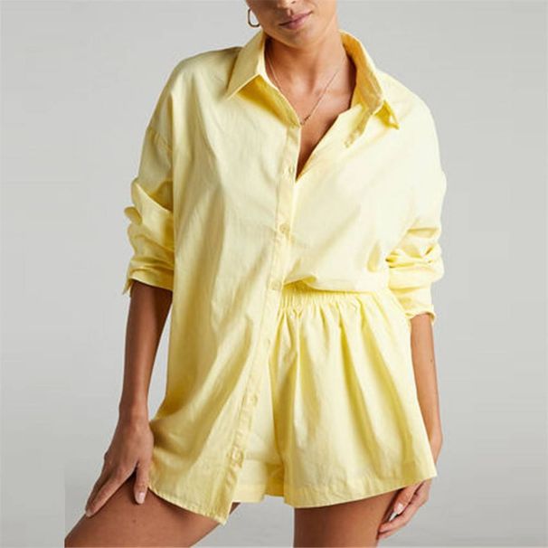 Women's Two-piece Suit Solid Color Single-breasted Long-sleeved Lapel Shirt Shorts Loose Fashion Casual Suit_ecoleips.com