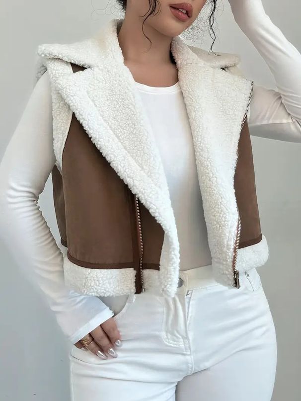 Women's Reversible Faux Shearling Jacket With Lapel Collar & Diagonal Zipper - Cozy Winter Outerwear For Street Fashion (Brown, S-XXL)_ecoleips.com