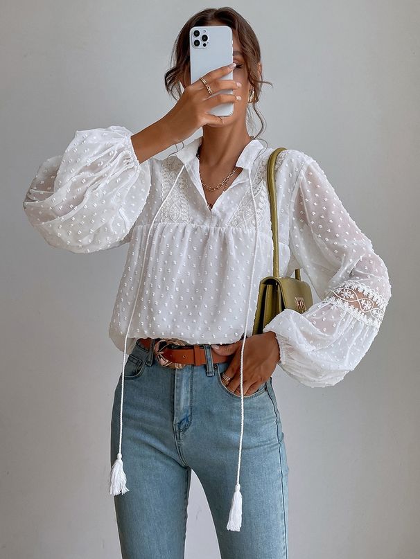 Women's Polka Dot Chiffon Loose Fitting Lace Patchwork Shirt Elegant Fashion For Commuter Spring/Autumn Regular Size_ecoleips.com