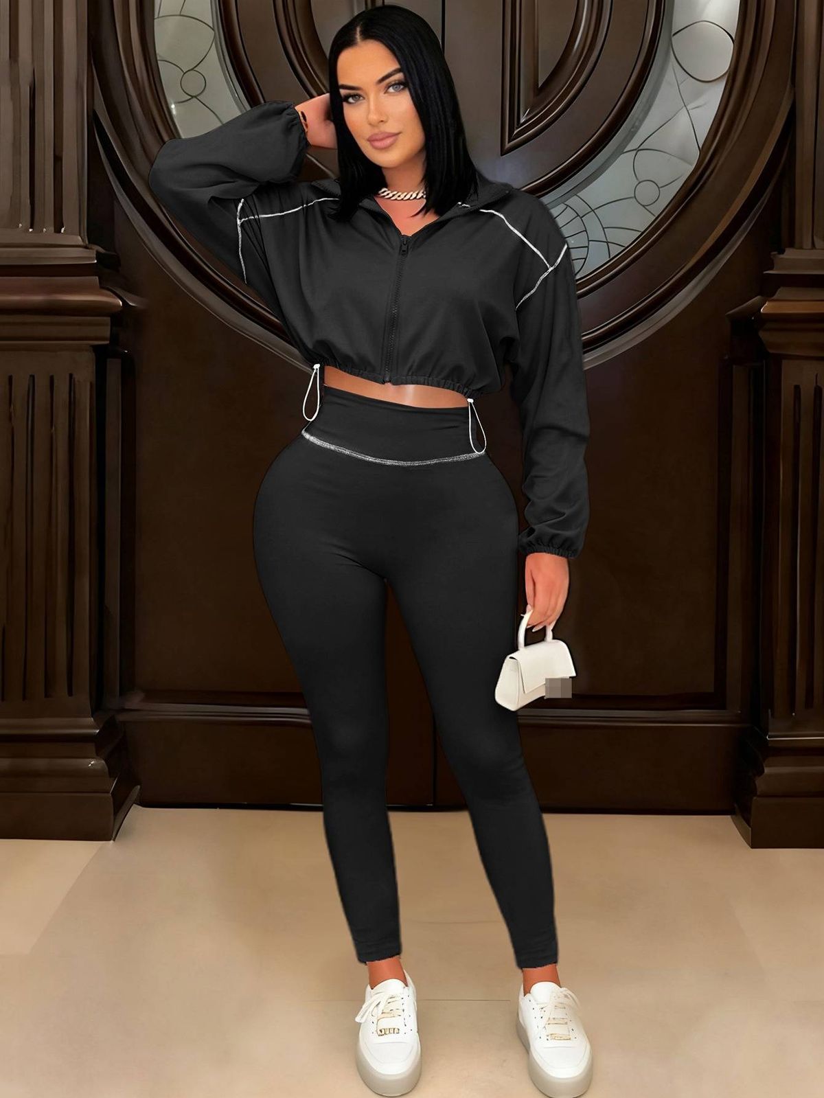 Women's Stylish Casual Sportswear Set - Slim Fit Long Sleeve Zip-Up Two-Piece Outfit For Spring & Fall_ecoleips.com